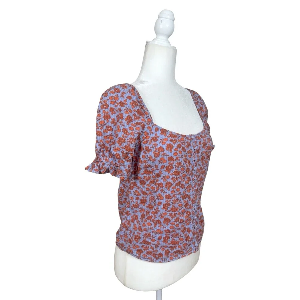 Madewell Floral Puff Sleeve Smocked Back Top Blue Red Size 0